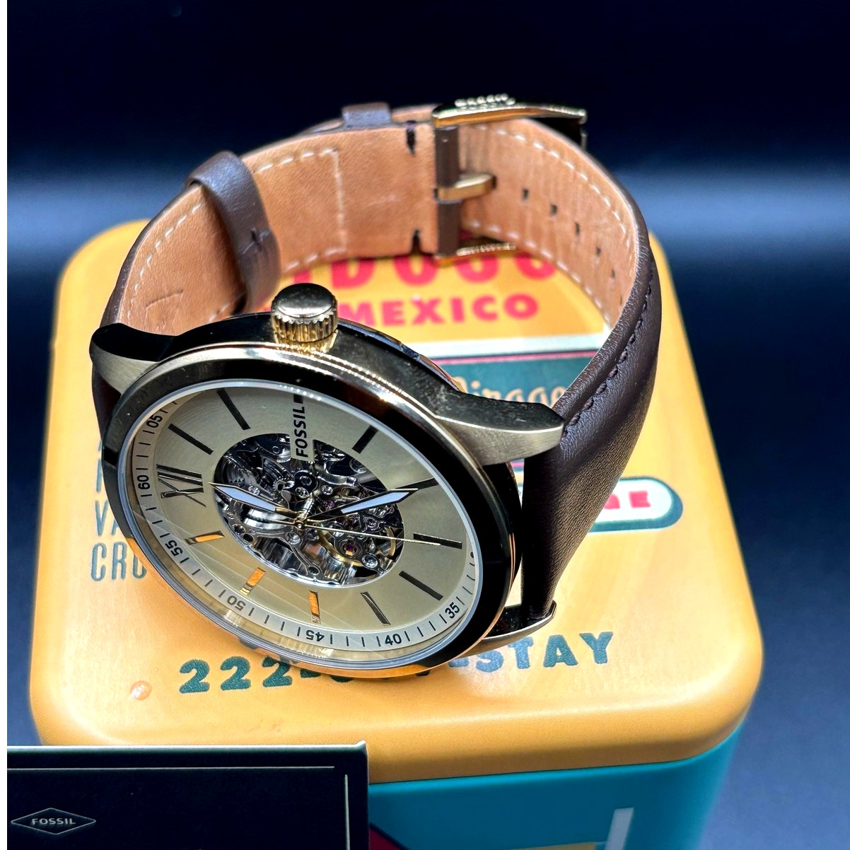 Fossil Flynn BQ2382 Automatic Men's Watch Skeleton Dial Leather Strap 48mm