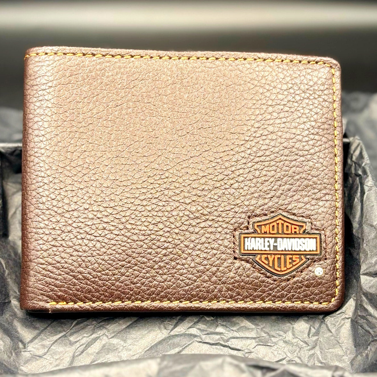 Harley Davidson Mens Genuine Leather RFID Bifold Wallet MWM077 Brown NWT