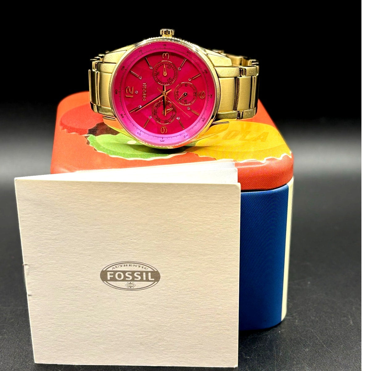 FOSSIL BQ1682 Stella Collection Hot Pink Dial Golden Bracelet Women's Watch