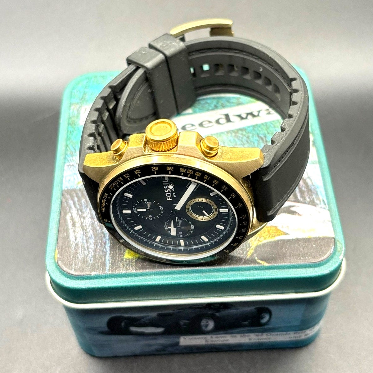 Fossil Decker DE-5003 Chronograph Black Dial Bronze Tone Silicone Strap Watch