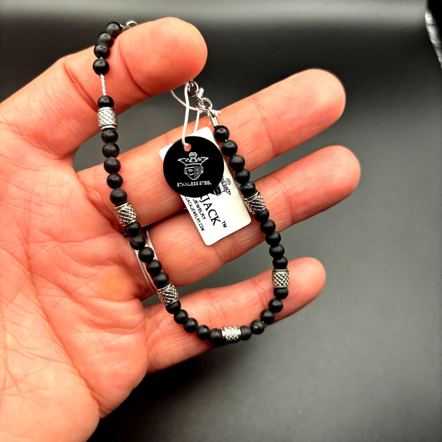 Blackjack BJS37BON Mens Genuine Onyx Stainless Steel Beaded Bracelet NIBWT