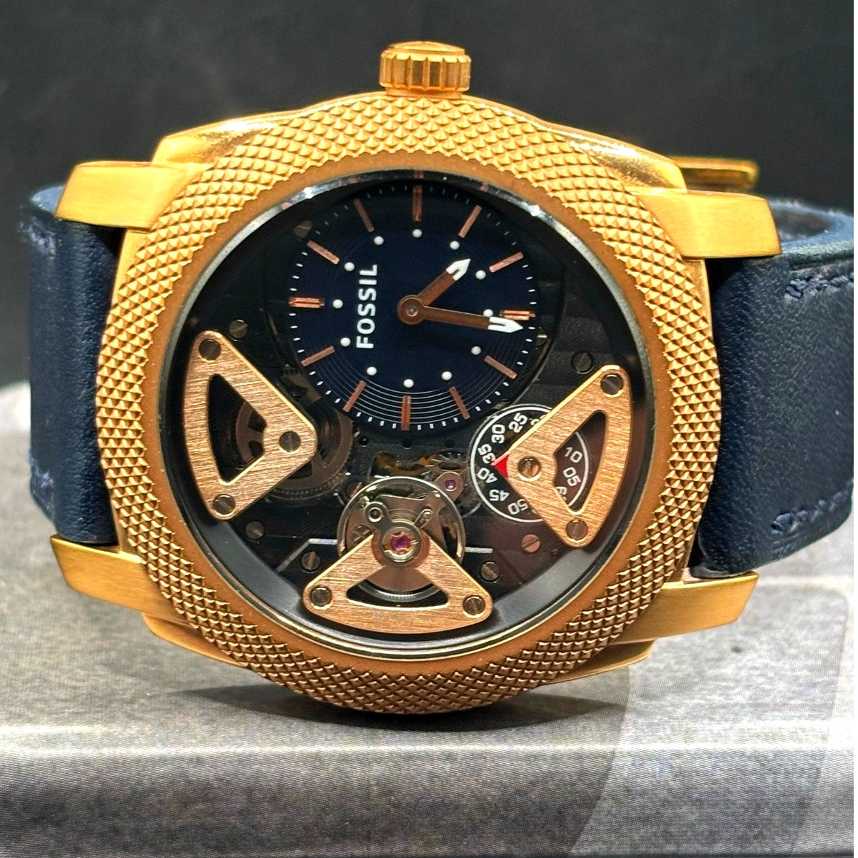 Fossil ME1158 Machine Twist Hybrid Rose Gold Blue Leather Men's Watch 45mm