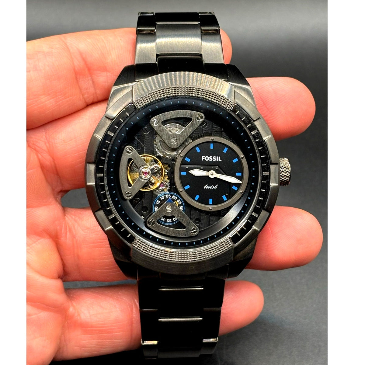 Fossil Bronson Twist ME1171 Semi Skeleton Smoke Stainless Steel 50mm Watch