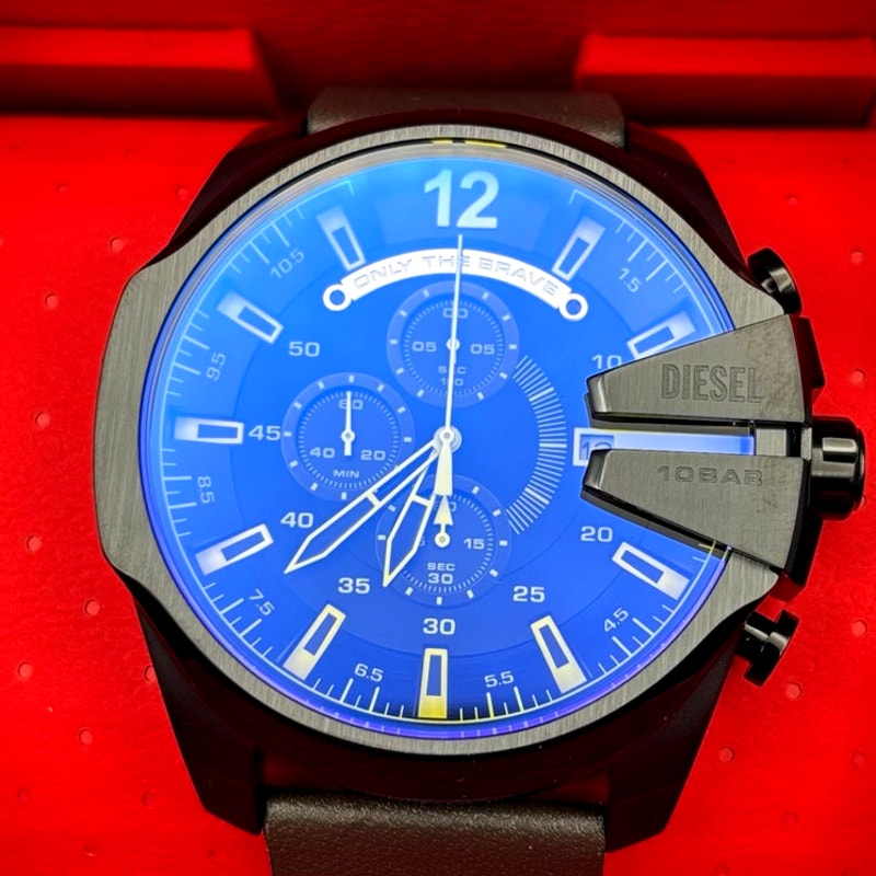 Diesel DZ4401 Mega Chief Men’s Chrono Blue Yellow Dial Brown Leather Watch NIBWT