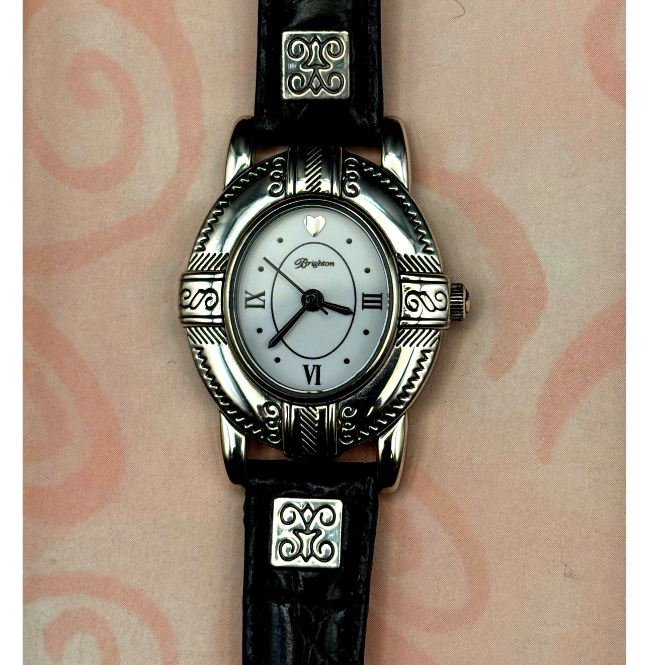 Brighton Moscow Women’s Silver Oval Black Italian Leather Vintage Watch NIB