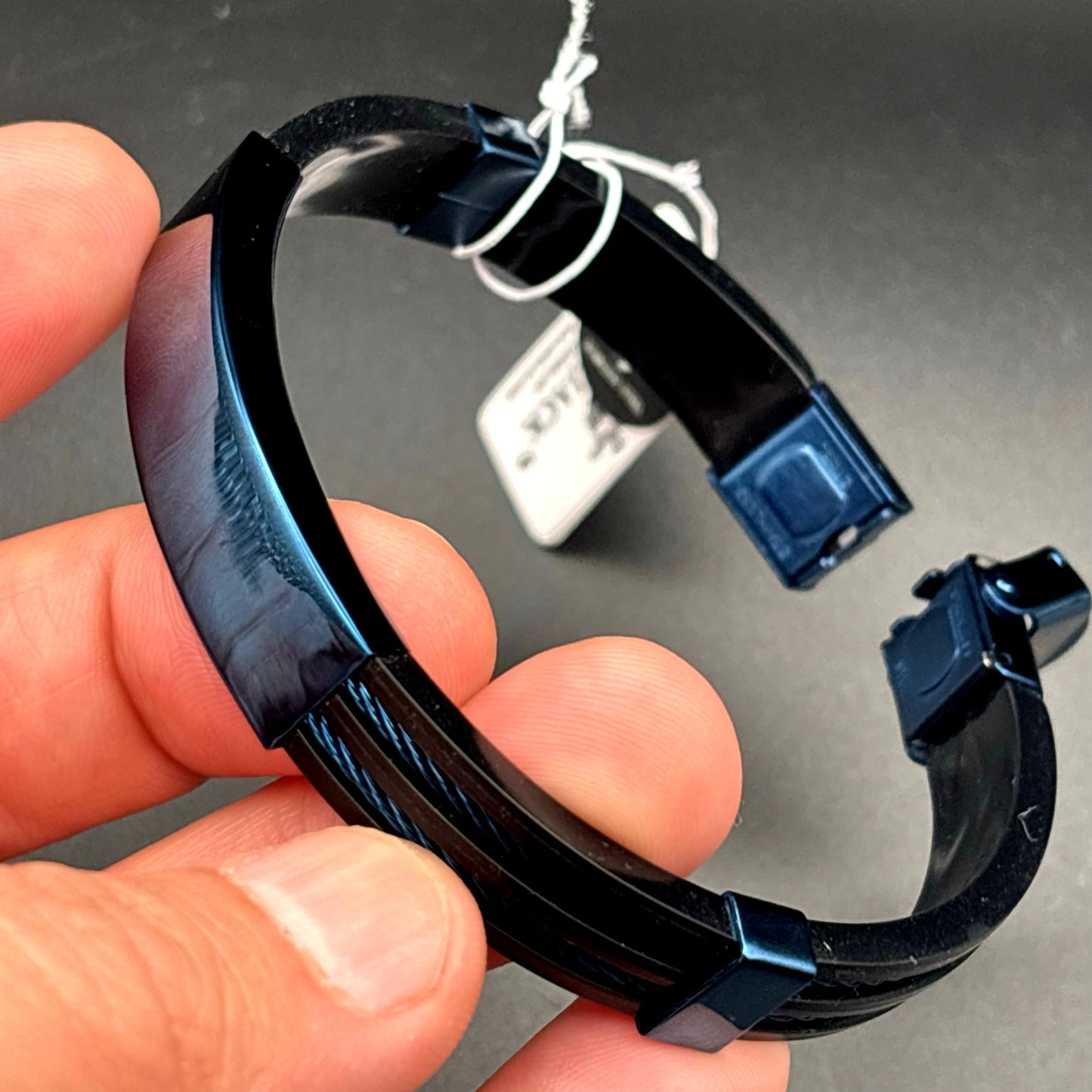 Blackjack BJB251BL Mens Blue Silicone Black Stainless Steel  Bangle ID Bracelet