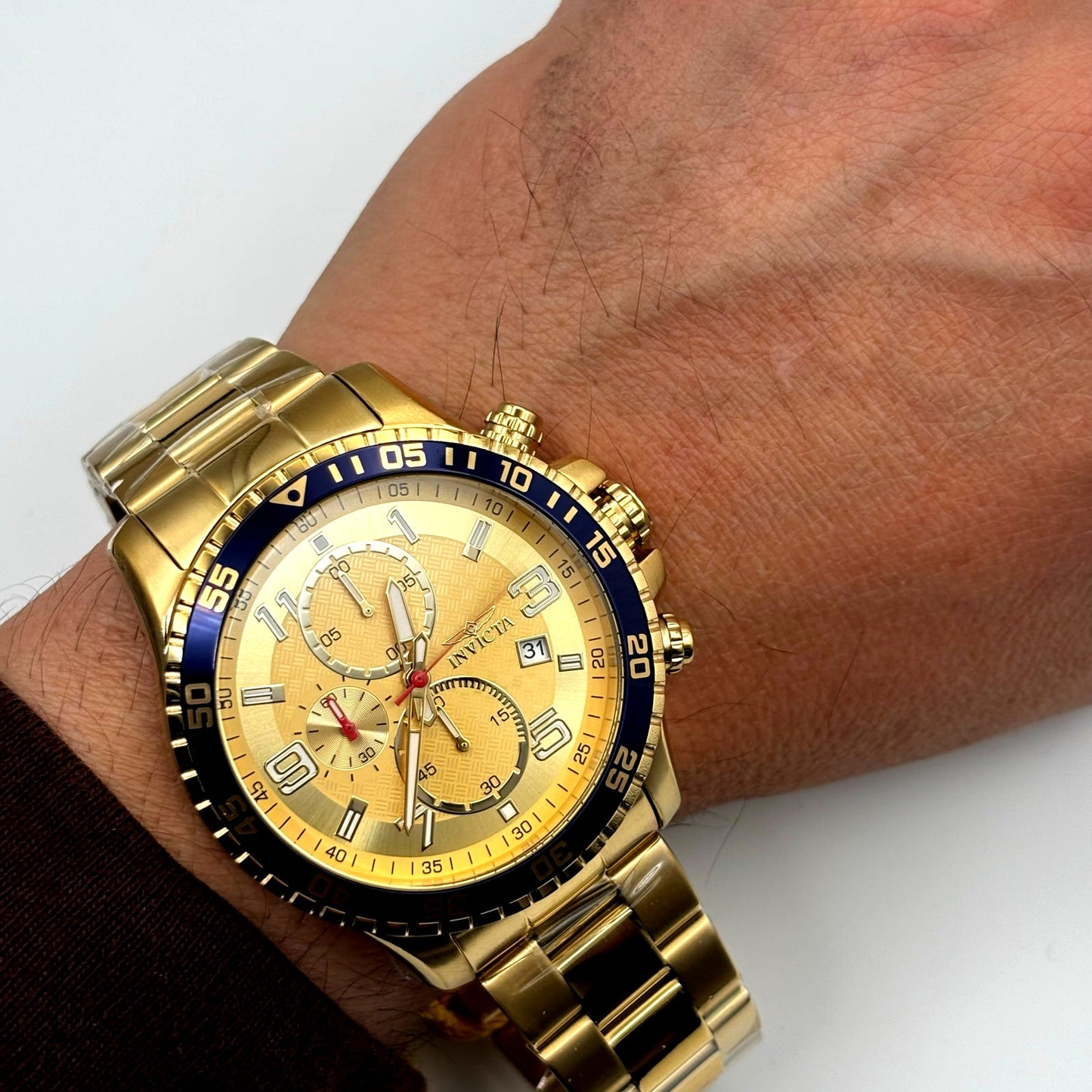 Invicta Specialty 49095 Mens Chronograph 45mm Gold Stainless Steel Blue Bezel