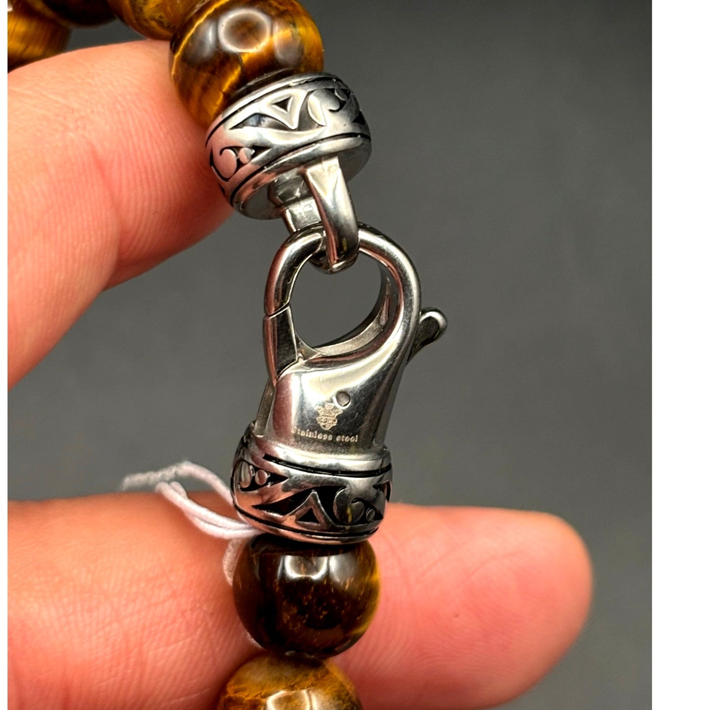 Blackjack BJB244BTE Mens Genuine 10mm Tiger Eye Stainless Steel Beaded Bracelet