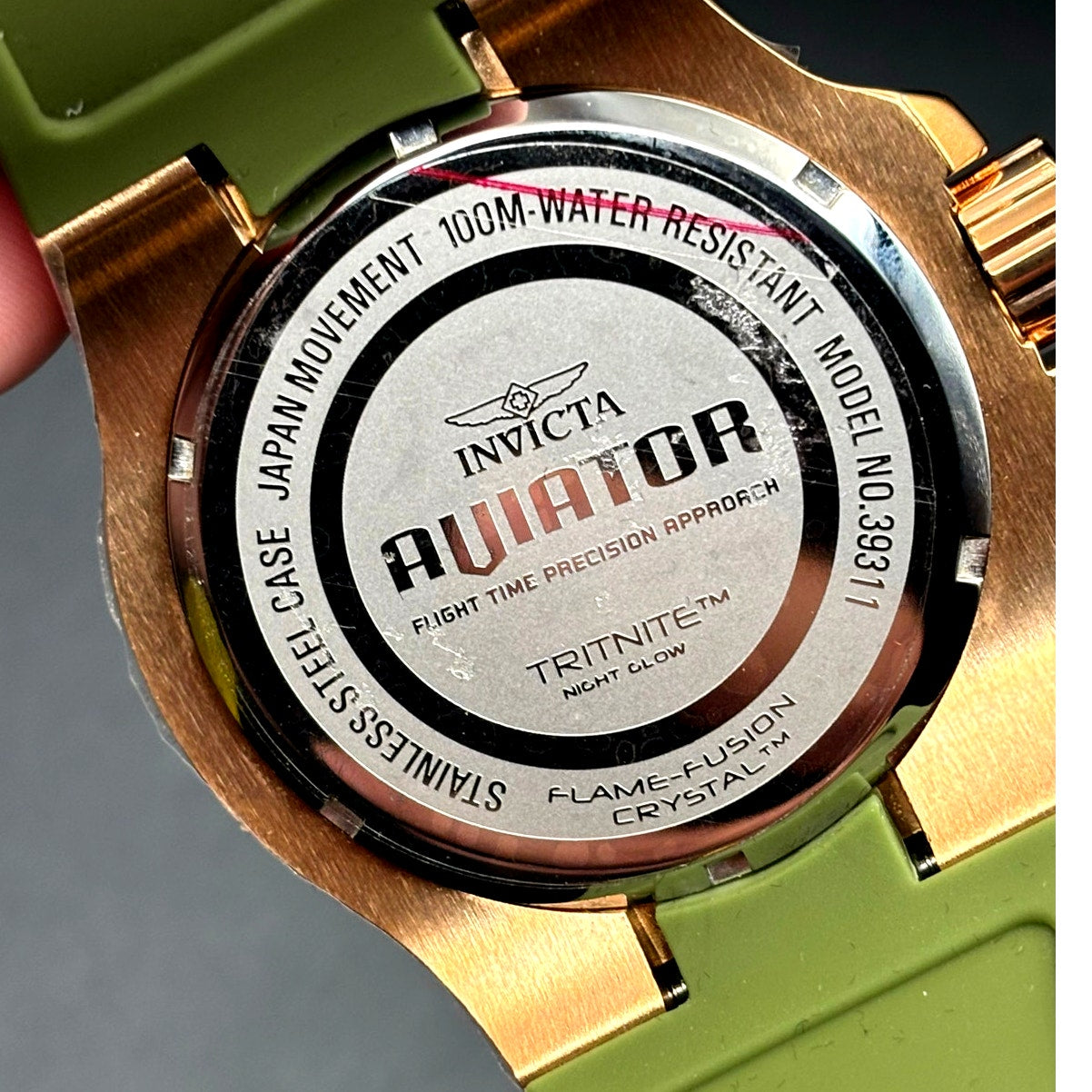 Invicta Aviator Skyshock 39311 50mm Men's Gold Green Silicone Strap Watch NIBWT