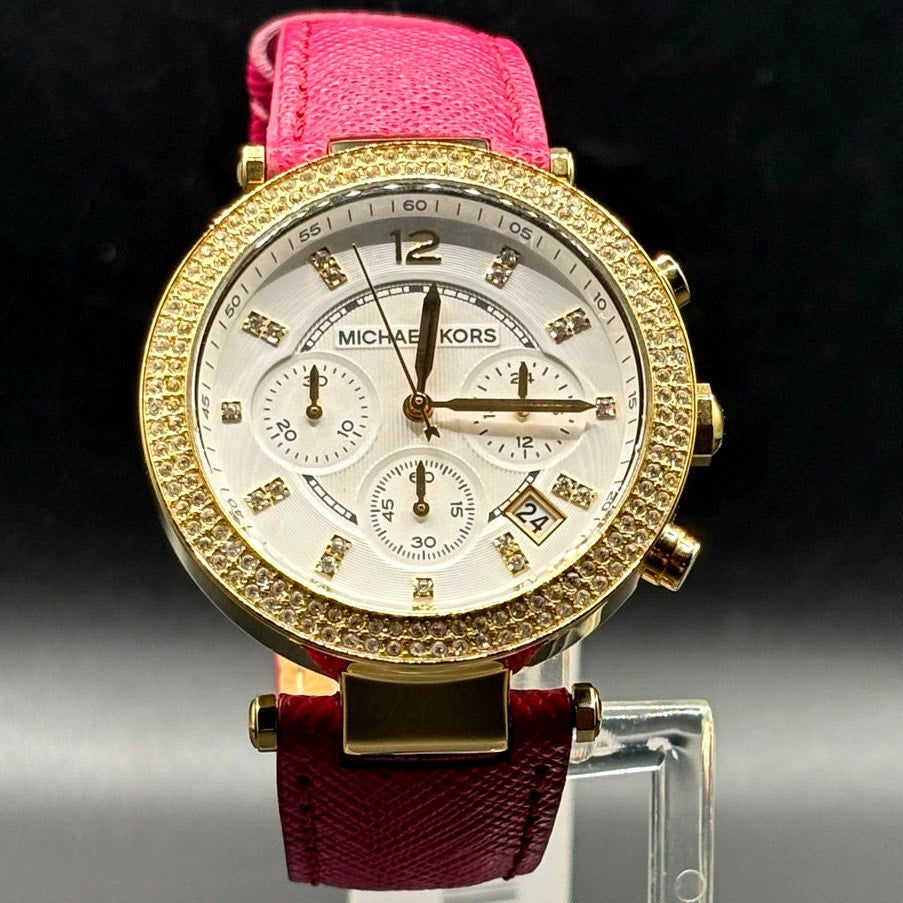 Michael Kors Parker MK2297 Crystal Chronograph Pink Leather Watch NWT