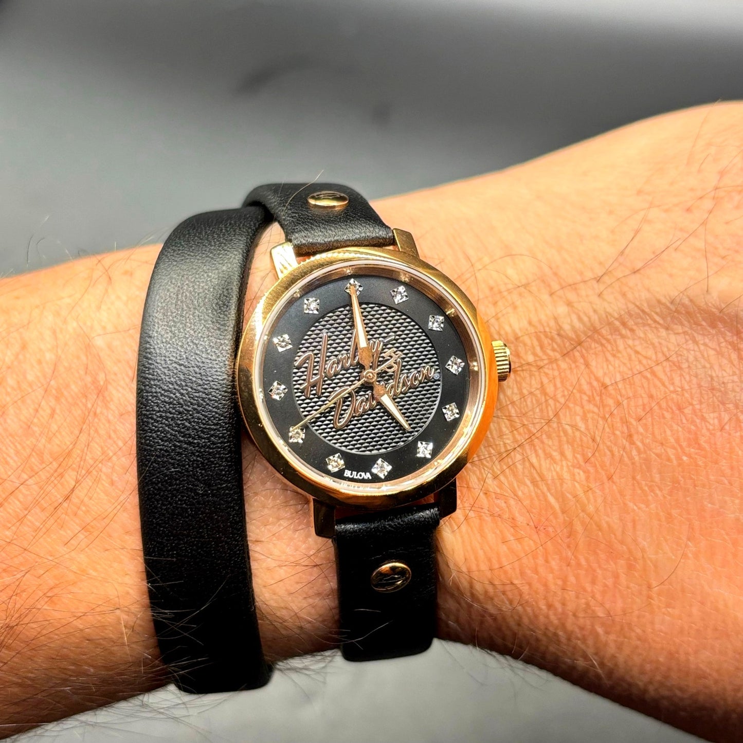 Bulova Harley-Davidson 77L109 Crystal Rose Gold Leather Wrap Women's Watch NIB