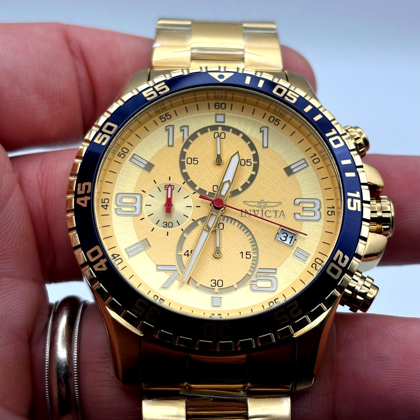 Invicta Specialty 49095 Mens Chronograph 45mm Gold Stainless Steel Blue Bezel