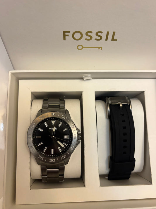 Fossil Bannon BQ2785SET Watch + Extra Strap Box Set — Smoke Stainless — Free Shipping