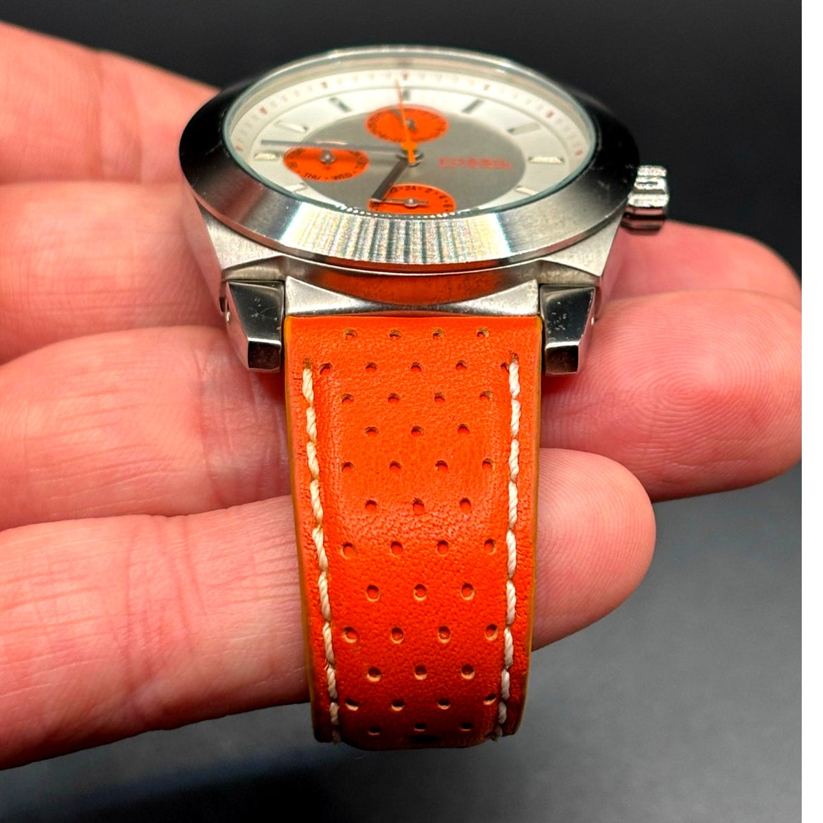 Fossil Boyfriend BQ9355 Multifunction Silver Orange Dial Leather Watch 50M