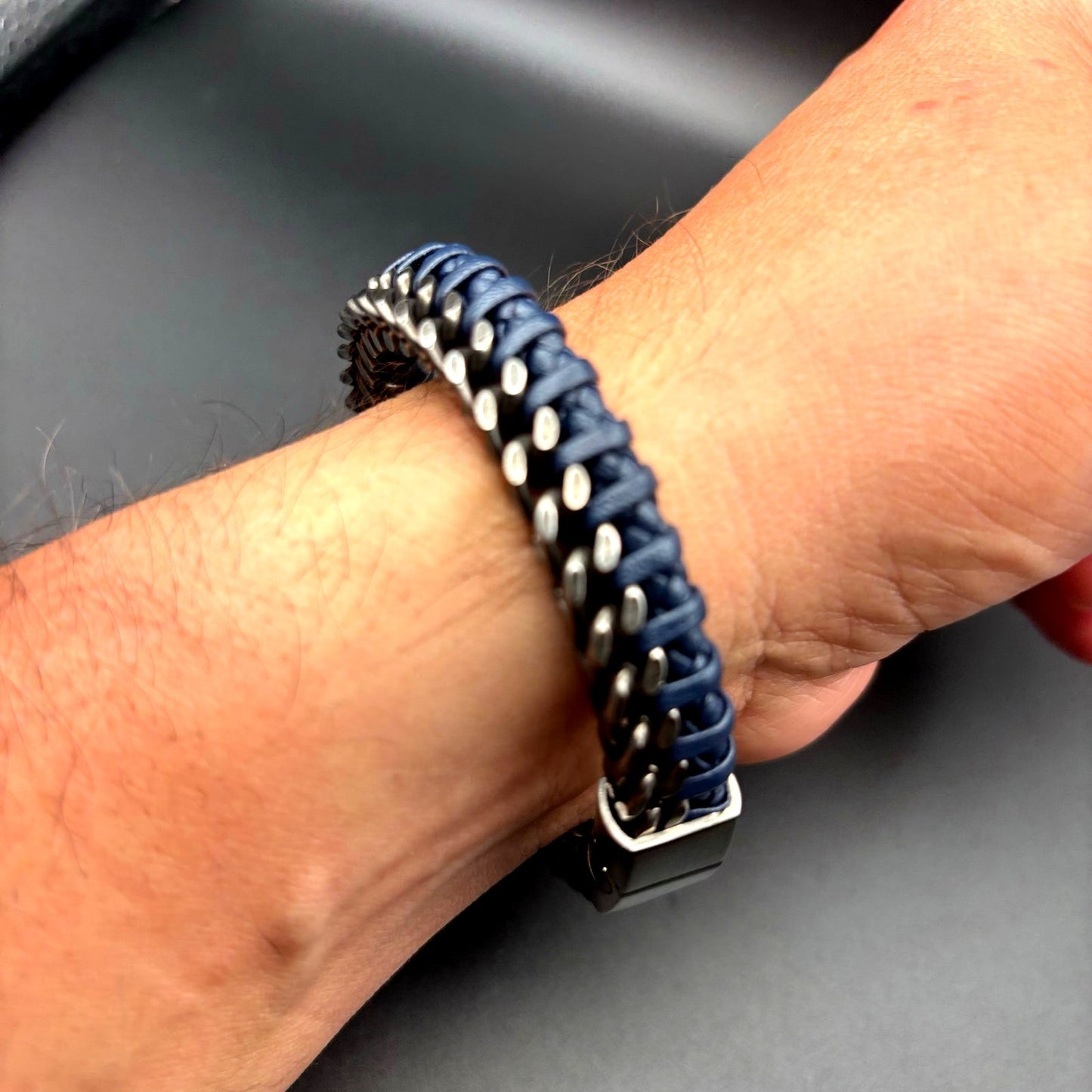 Bain Miller Mens Stainless Steel Blue Leather Woven Bracelet Slide Lock Clasp