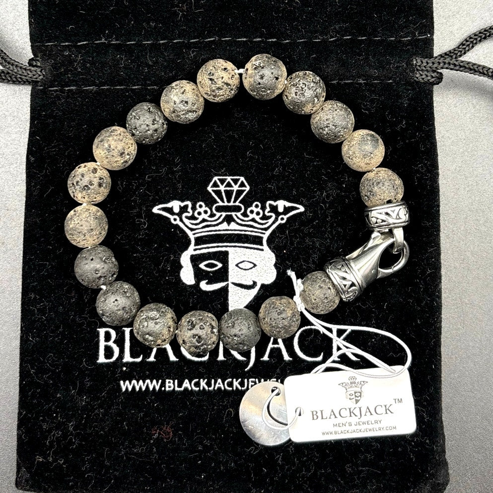 Blackjack Men’s 10mm Lava Stone Stainless Steel Beaded Bracelet NIBWT