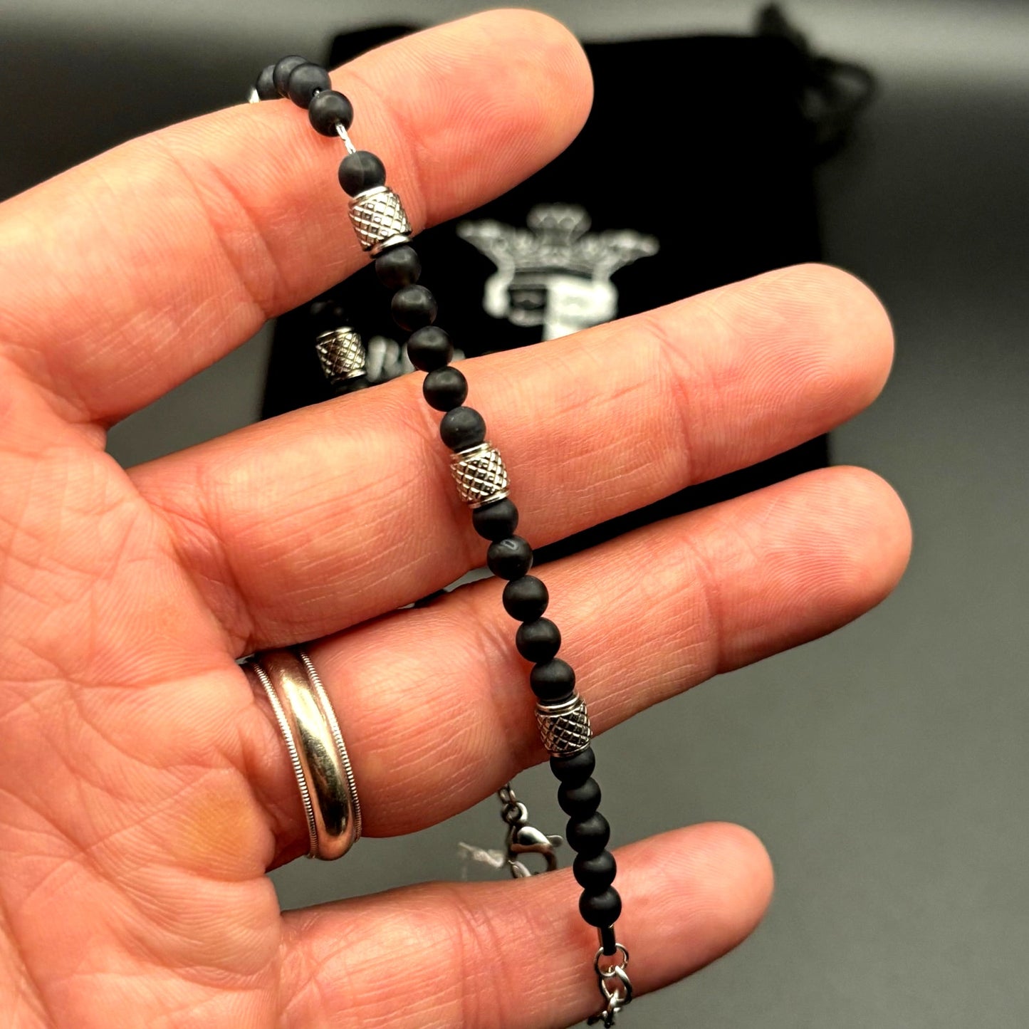 Blackjack BJS37BON Mens Genuine Onyx Stainless Steel Beaded Bracelet NIBWT