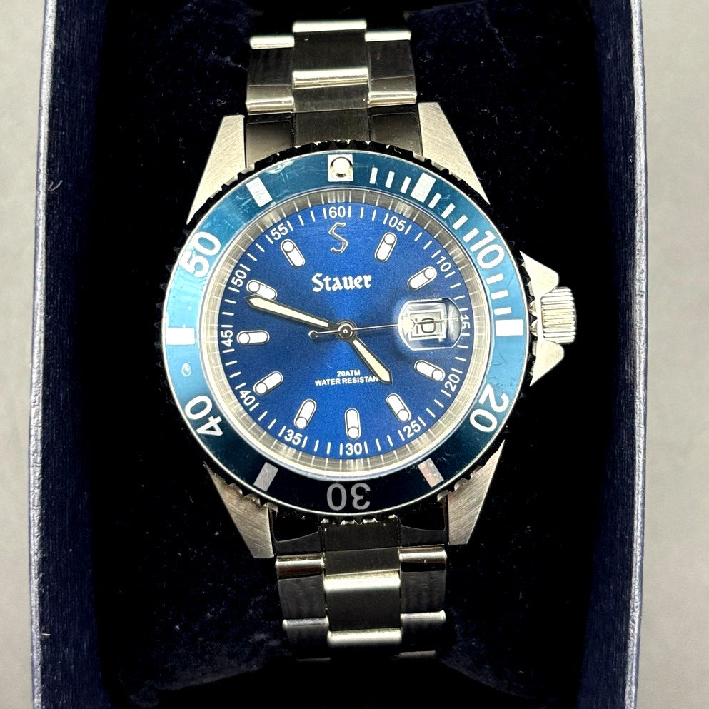 Stauer 29221 Excursion Dive Blue Dial 20 ATM Stainless Steel Date Men's Watch