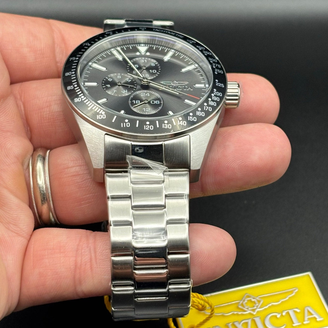 Invicta Aviator 47592 Men’s 45mm Quartz Charcoal Dial SS Bracelet 100M NIBWT