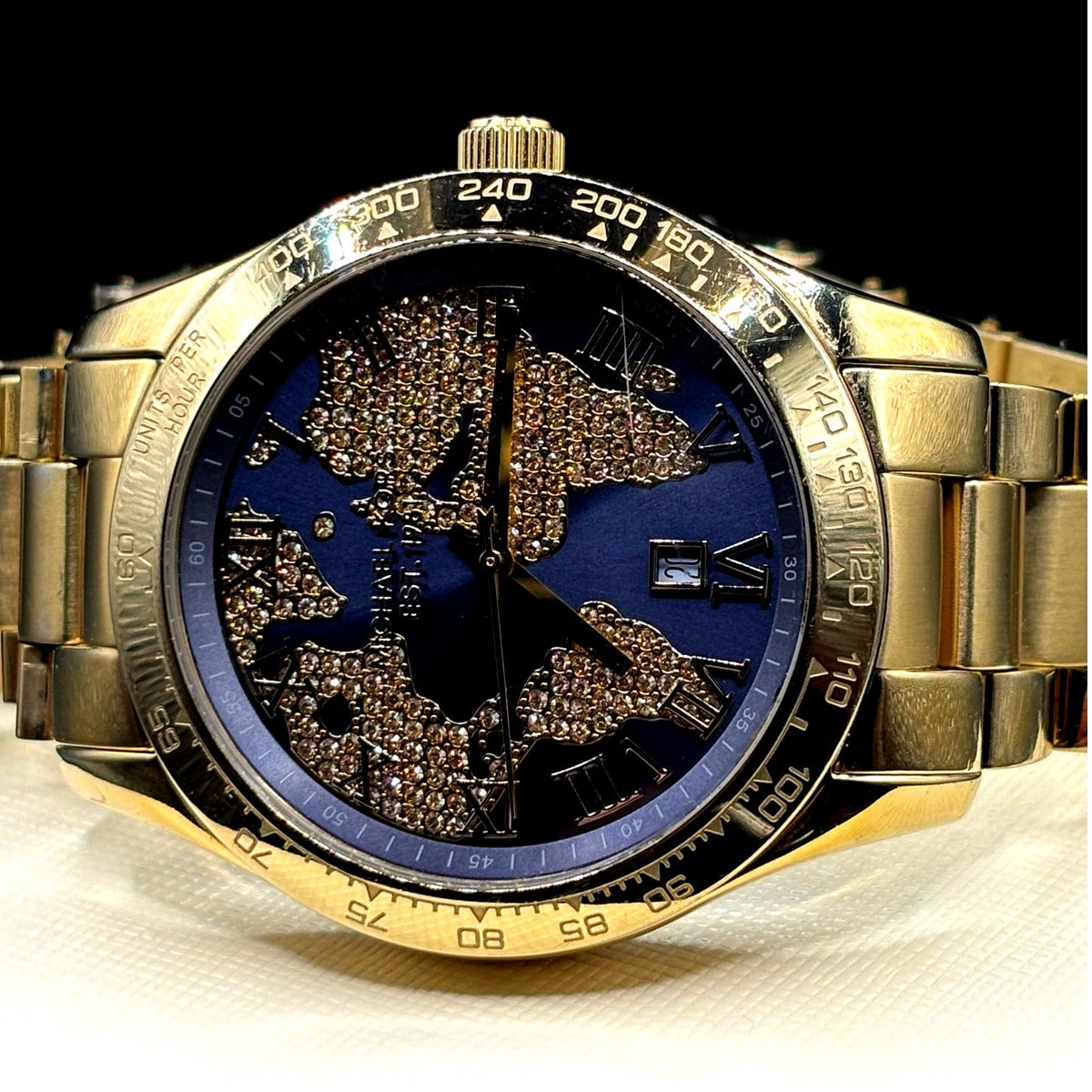 Michael Kors Layton MK6243 Gold Tone Blue Crystal Pave Globe Watch 44mm