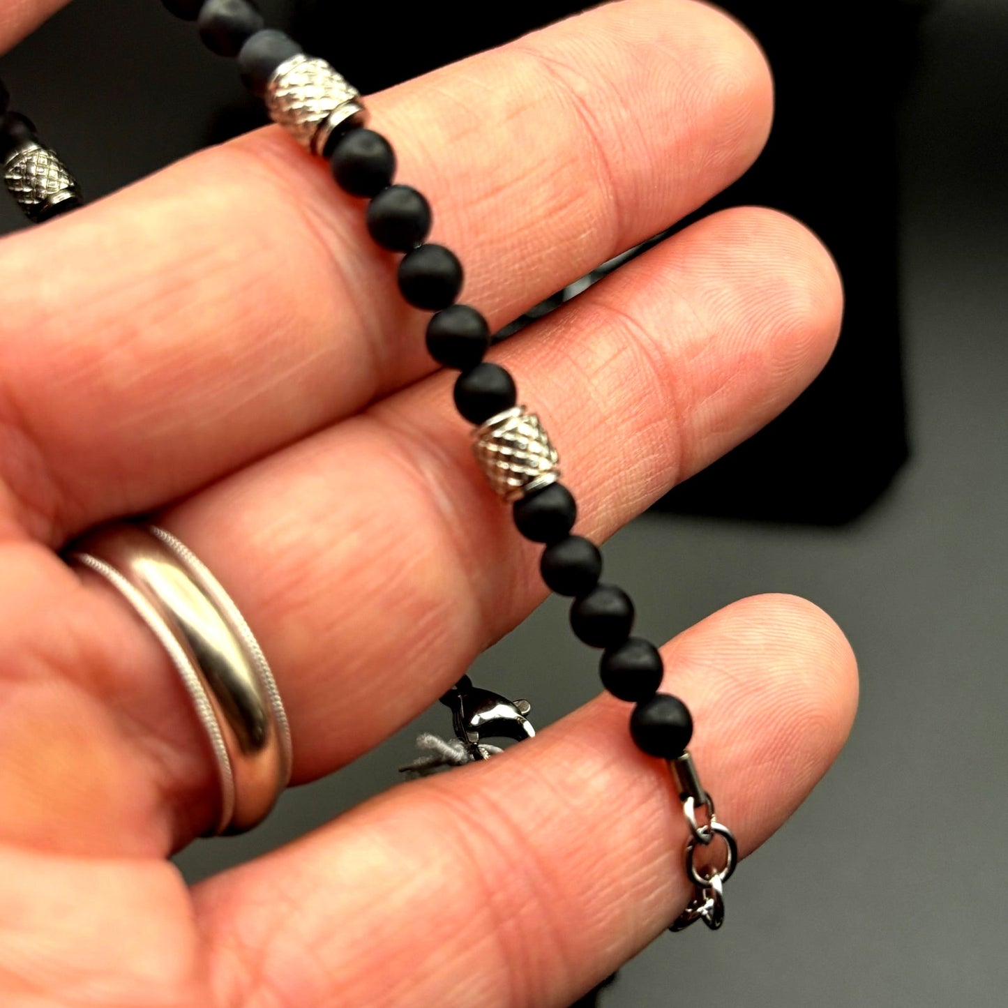Blackjack BJS37BON Mens Genuine Onyx Stainless Steel Beaded Bracelet NIBWT