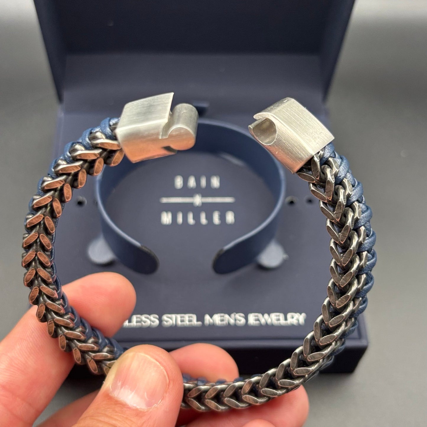 Bain Miller Mens Stainless Steel Blue Leather Woven Bracelet Slide Lock Clasp