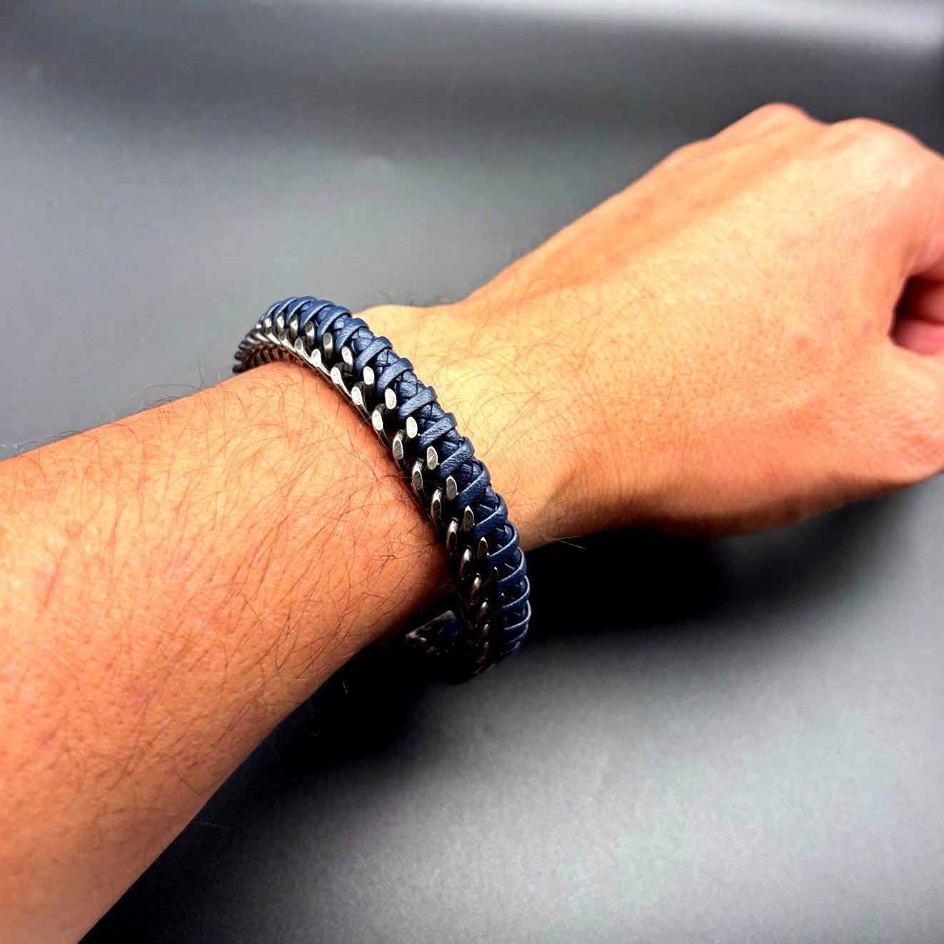Bain Miller Mens Stainless Steel Blue Leather Woven Bracelet Slide Lock Clasp