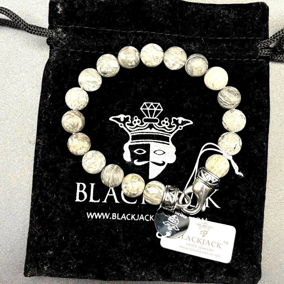 Blackjack BJB244BJ Men’s 10mm Gray Jasper Stainless Steel Beaded Bracelet NWT