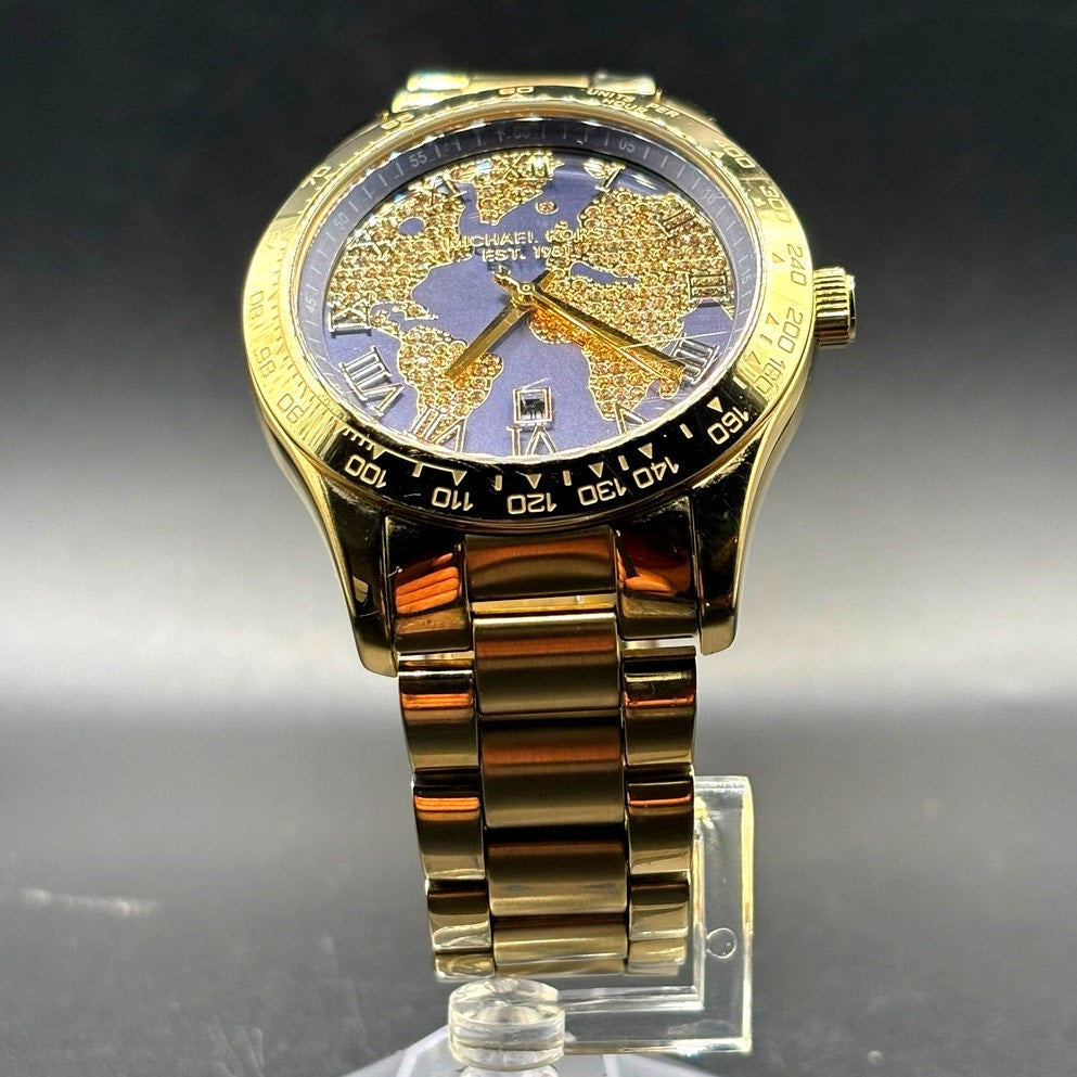 Michael Kors Layton MK6243 Gold Tone Blue Crystal Pave Globe Watch 44mm