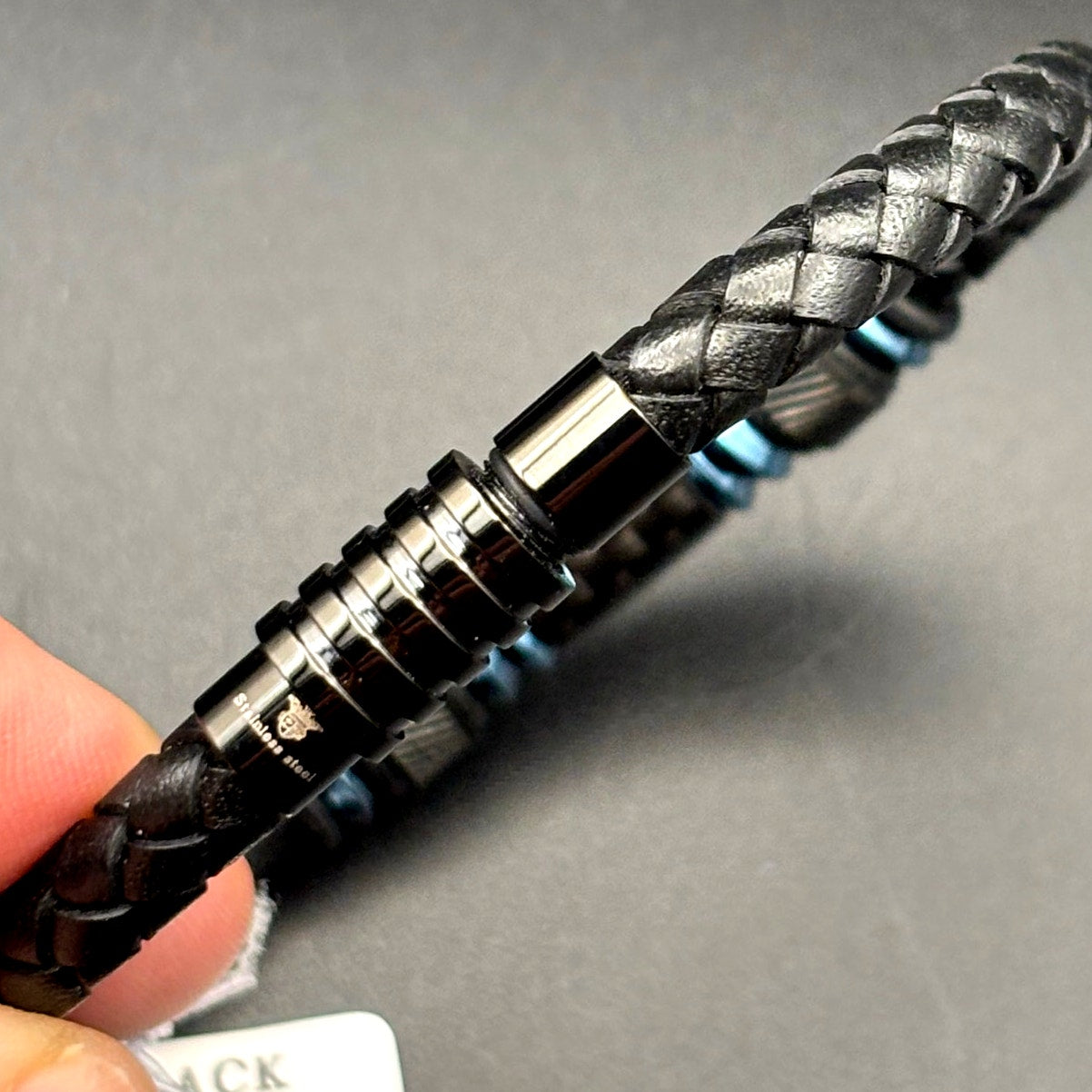 Blackjack BJB210BL Men's Leather Blue Stainless Steel Bracelet With Carbon Fiber
