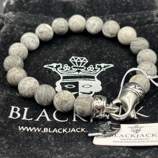 Blackjack BJB244BJ Men’s 10mm Gray Jasper Stainless Steel Beaded Bracelet NWT