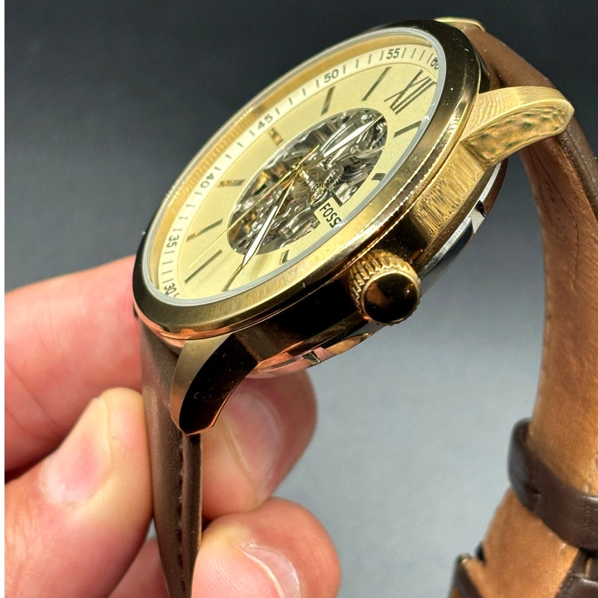 Fossil Flynn BQ2382 Automatic Men's Watch Skeleton Dial Leather Strap 48mm