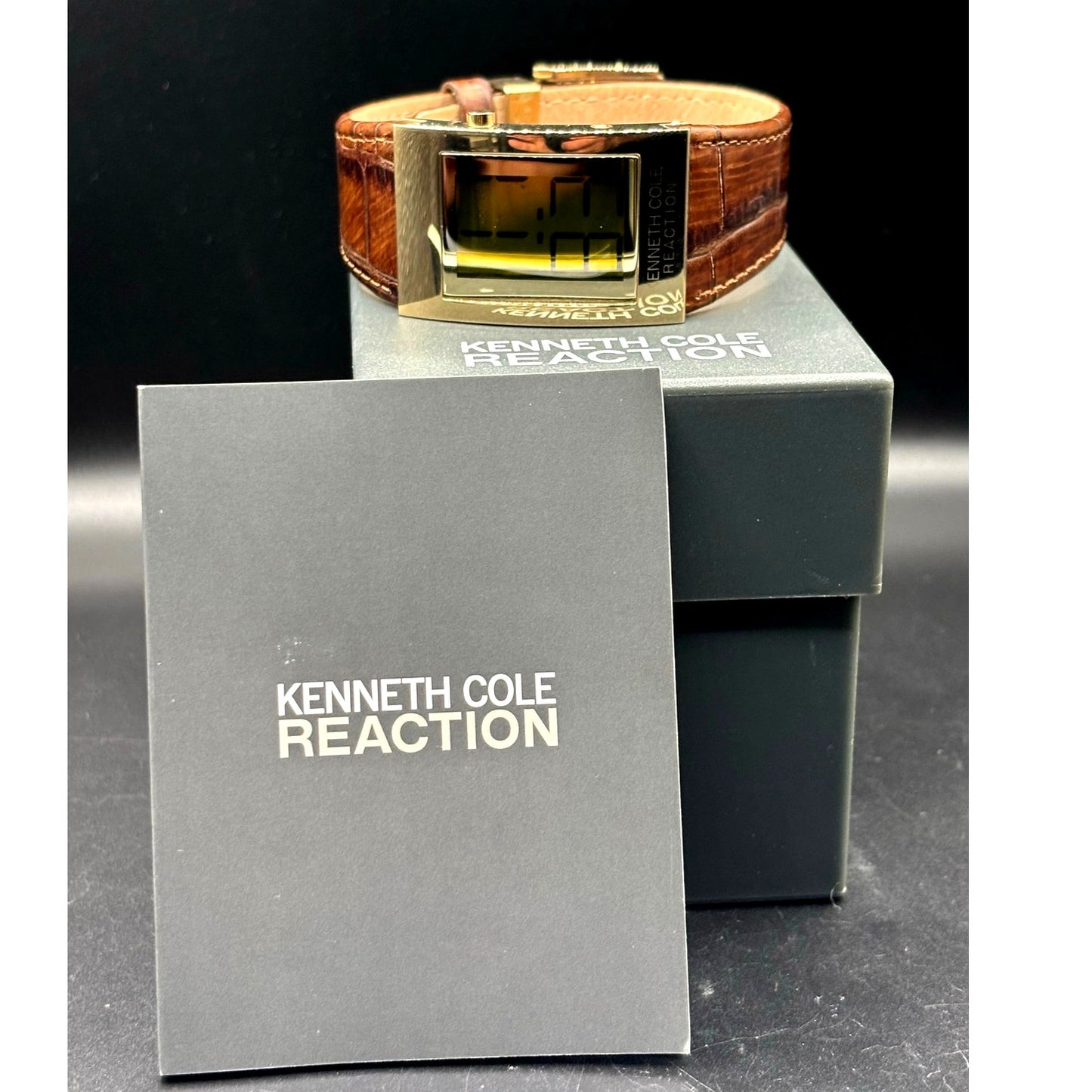 Kenneth Cole Reaction KC1398 Digital Gold Tone Brown Embossed Leather Watch Y2K