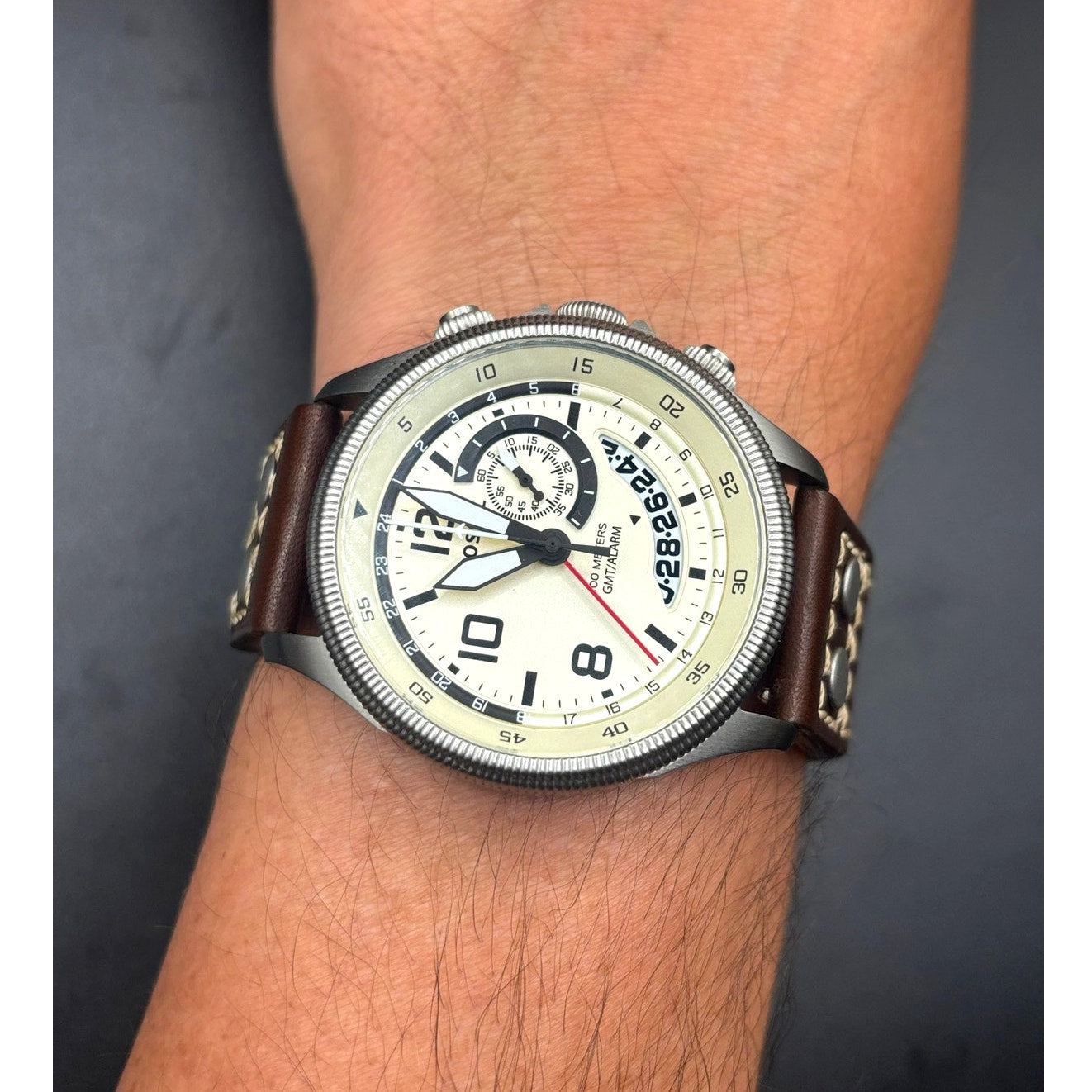 Fossil FS5043 Recruiter GMT Alarm Cream Dial Leather Strap Men’s 44mm Watch