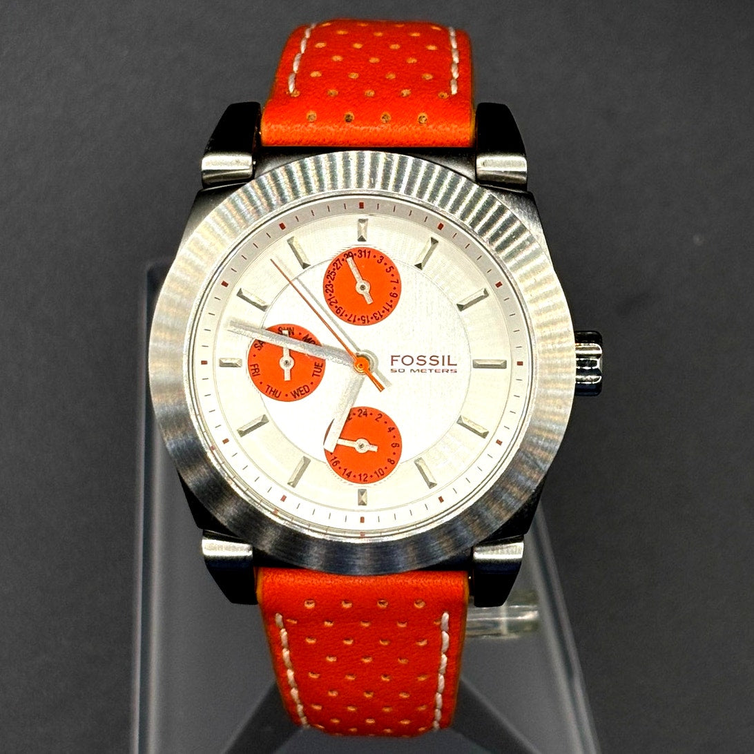Fossil Boyfriend BQ9355 Multifunction Silver Orange Dial Leather Watch 50M