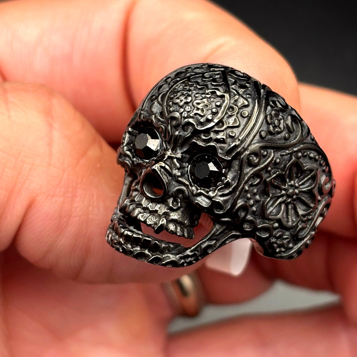 Blackjack BJZ10B Mens Skull Ring Black Stainless Steel with Black CZ Eyes Size10