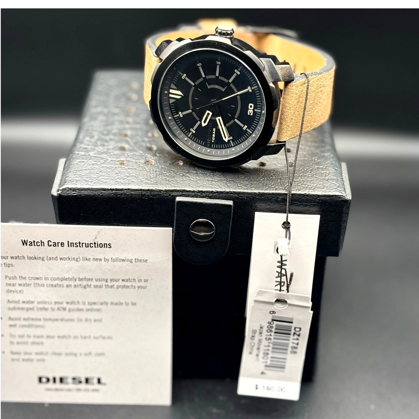 Diesel Machinus DZ1788 Men’s Black Dial Brown Leather Watch 10 BAR Quartz NIBWT