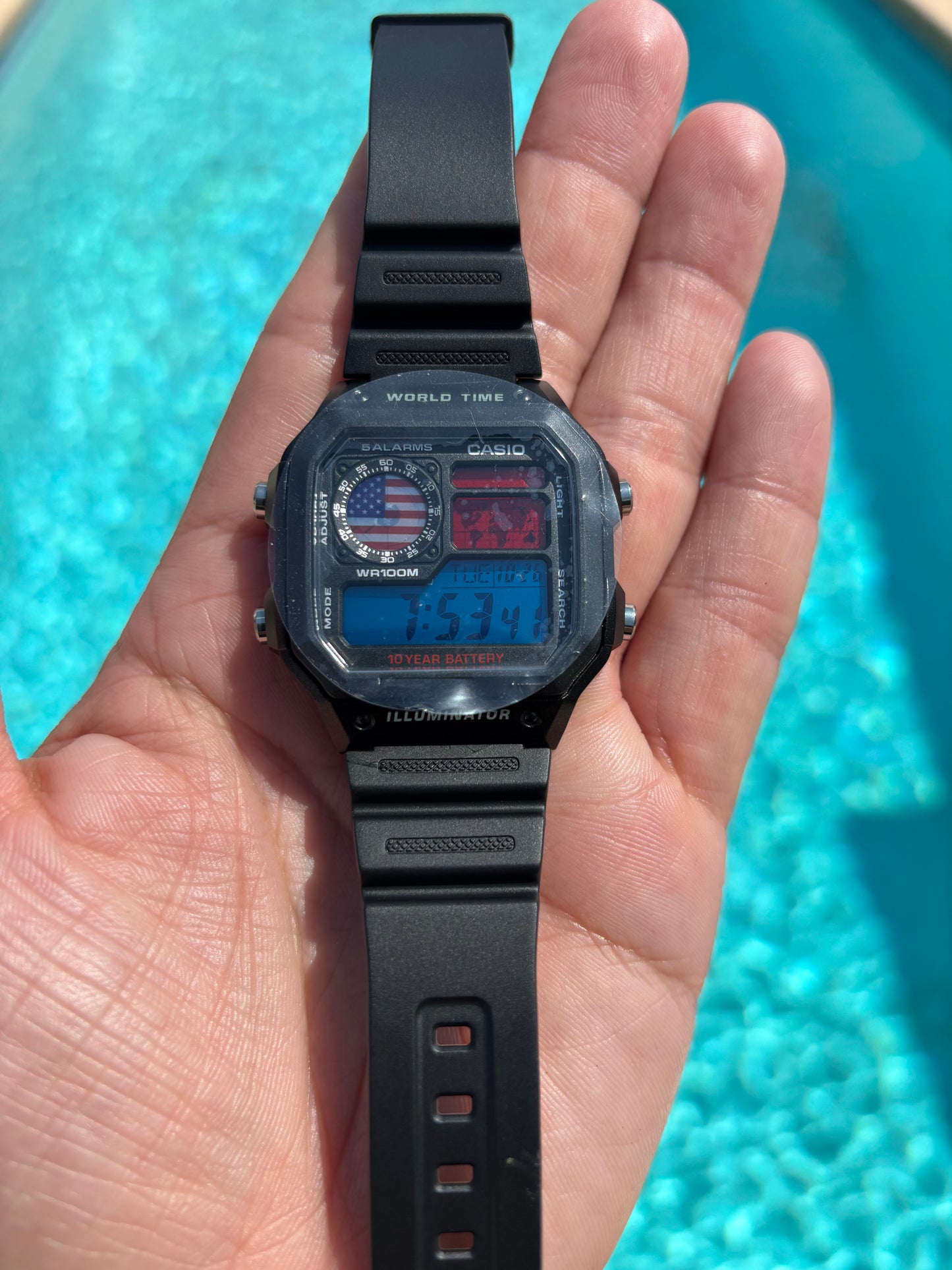 Custom Casio AE-1200 “World Time” – USA Flag Mod with Original Resin Strap