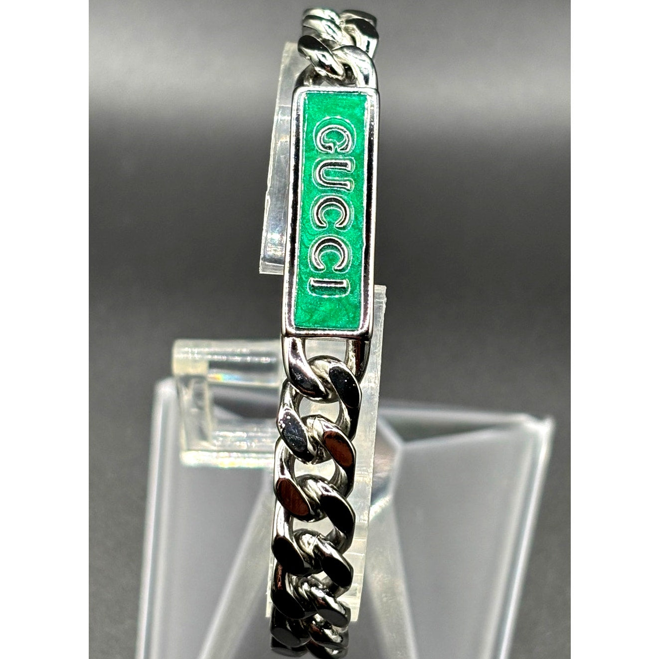 Gucci Sterling Silver Turquoise Enamel Logo ID Unisex Bracelet 7.5 NIB