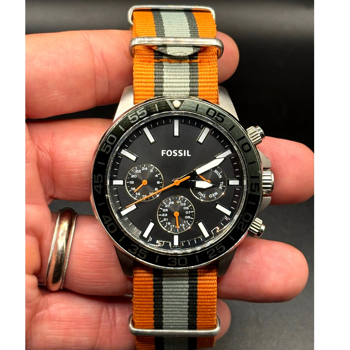 Fossil Bannon BQ2677 Multifunction Black Dial Orange Green Nylon Mens Watch 45mm