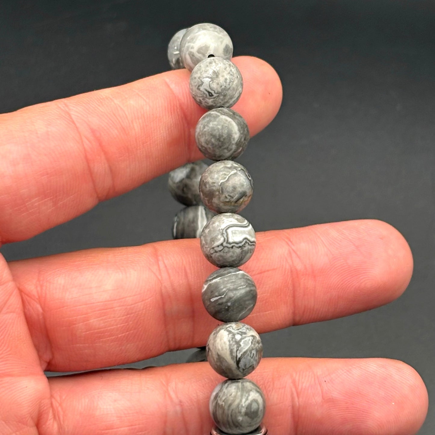 Blackjack BJB244BJ Men’s 10mm Gray Jasper Stainless Steel Beaded Bracelet NWT