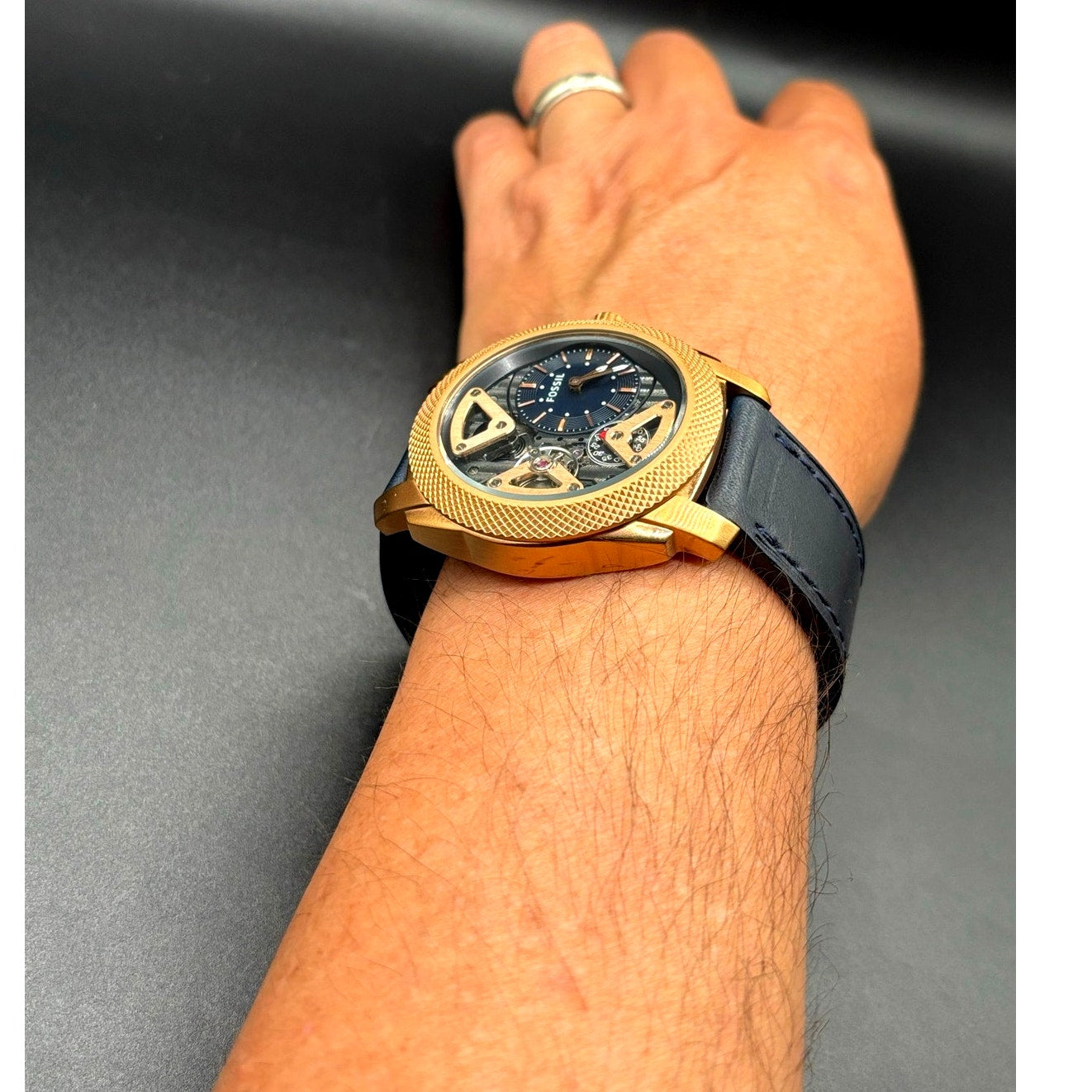 Fossil ME1158 Machine Twist Hybrid Rose Gold Blue Leather Men's Watch 45mm