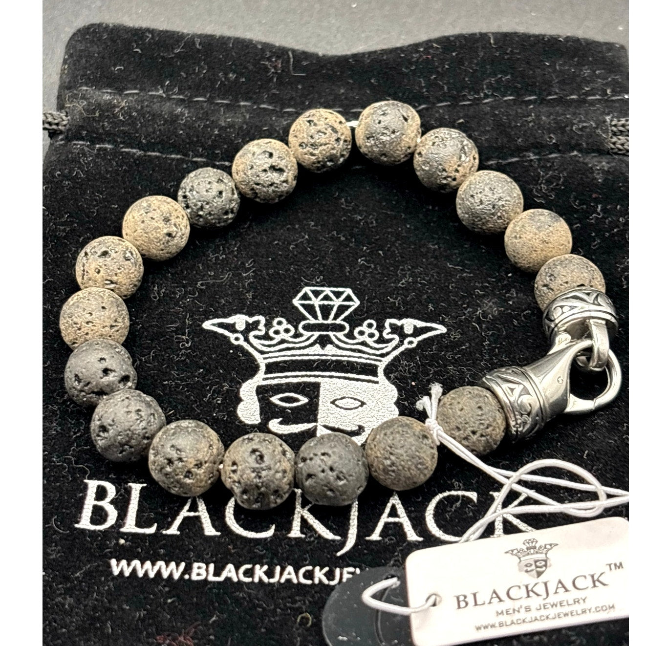 Blackjack Men’s 10mm Lava Stone Stainless Steel Beaded Bracelet NIBWT