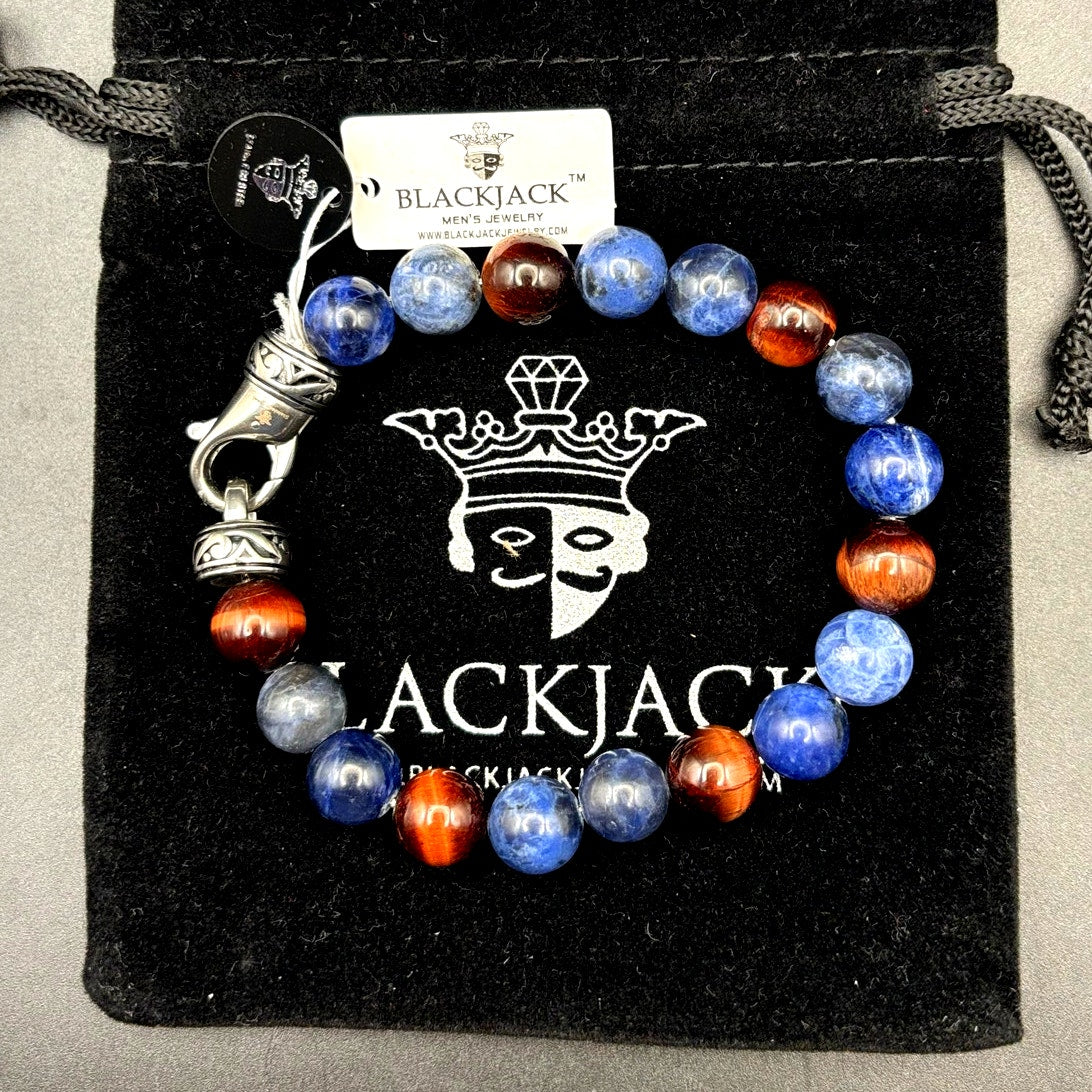Blackjack BJS16BLS Men’s10mm Sodalite And Red Tiger Eye Beaded Bracelet NIBWT