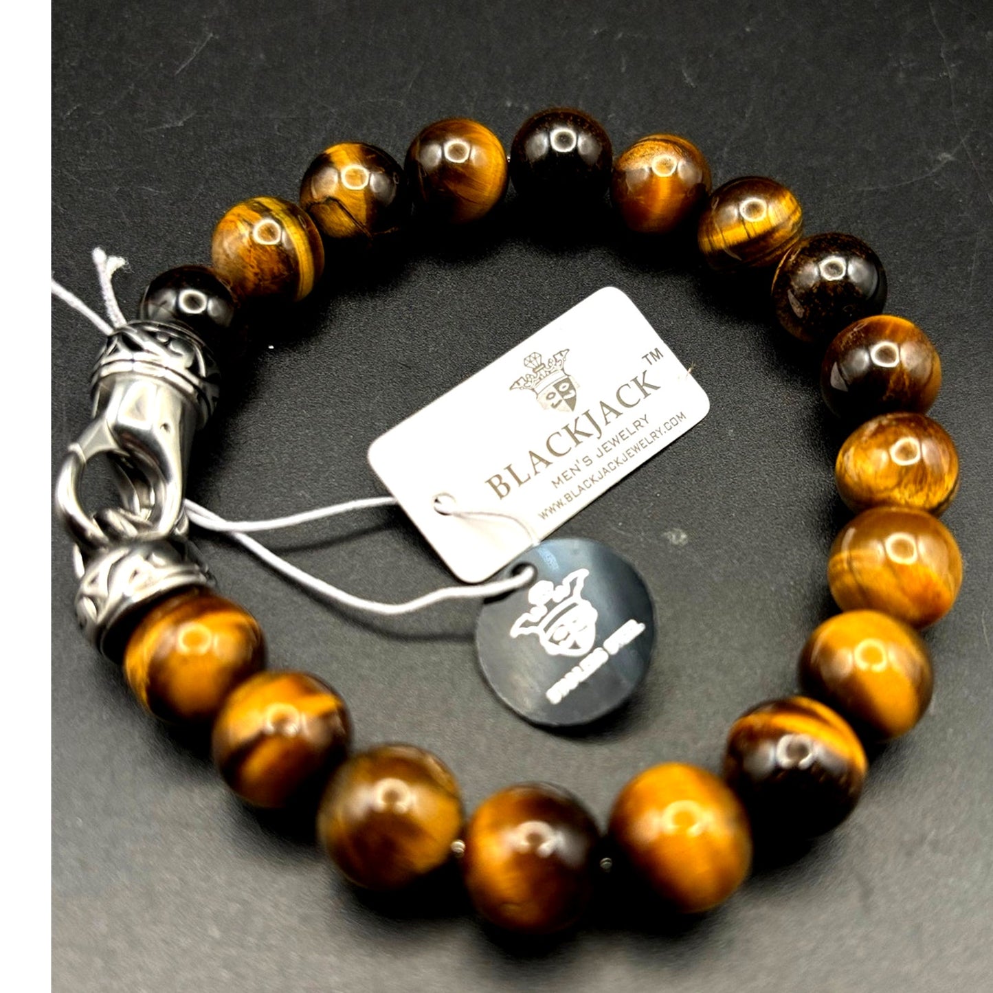 Blackjack BJB244BTE Mens Genuine 10mm Tiger Eye Stainless Steel Beaded Bracelet