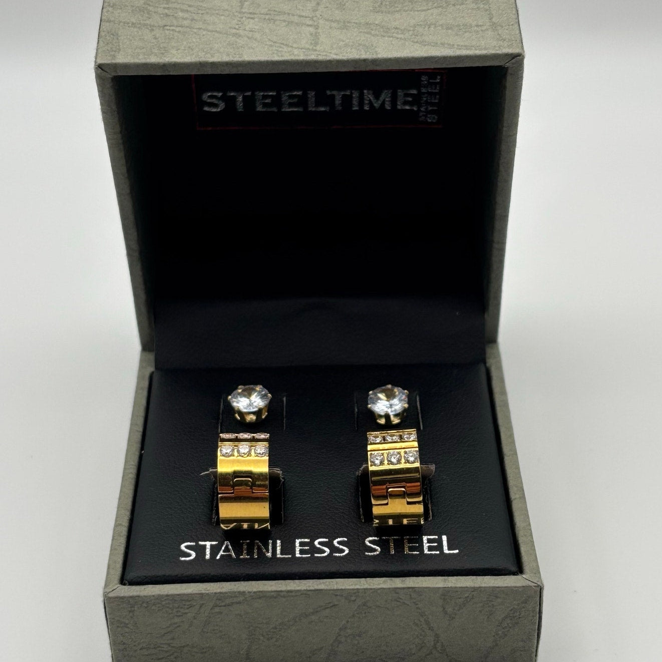 SteelTime Men’s Stainless Steel Earring Set – Gold Huggies + CZ Studs