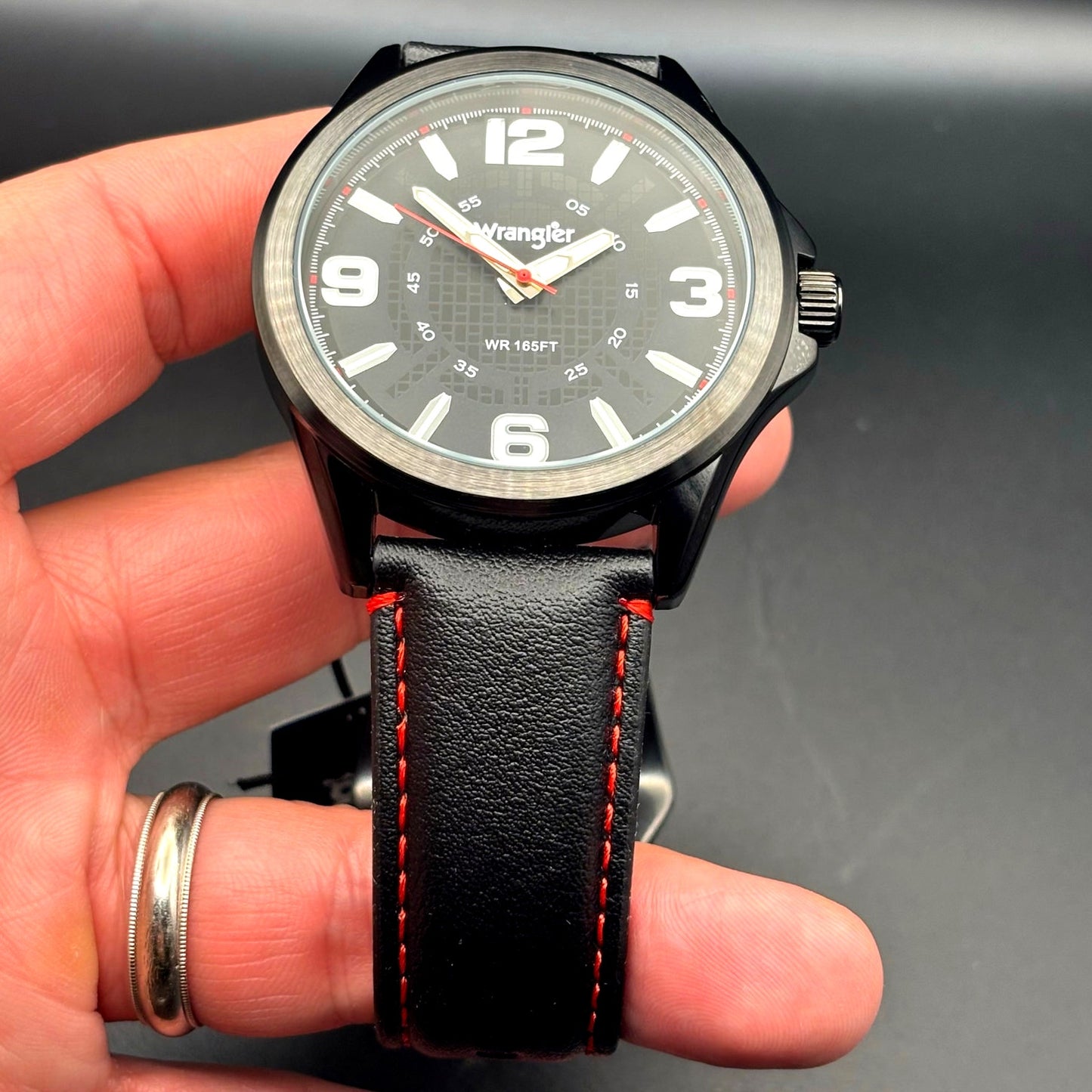 Wrangler WRW2400-1A Mens Black Analog Watch Black Leather Red Stitching Strap