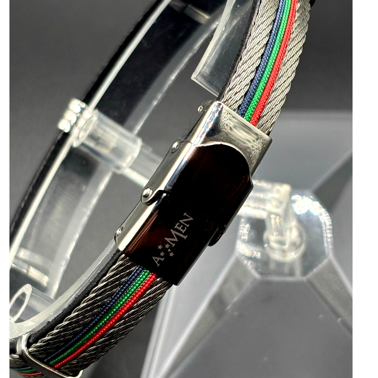 AMEN Italian Stainless Steel Cable Men's Bracelet Leather Red Green Blue NWT