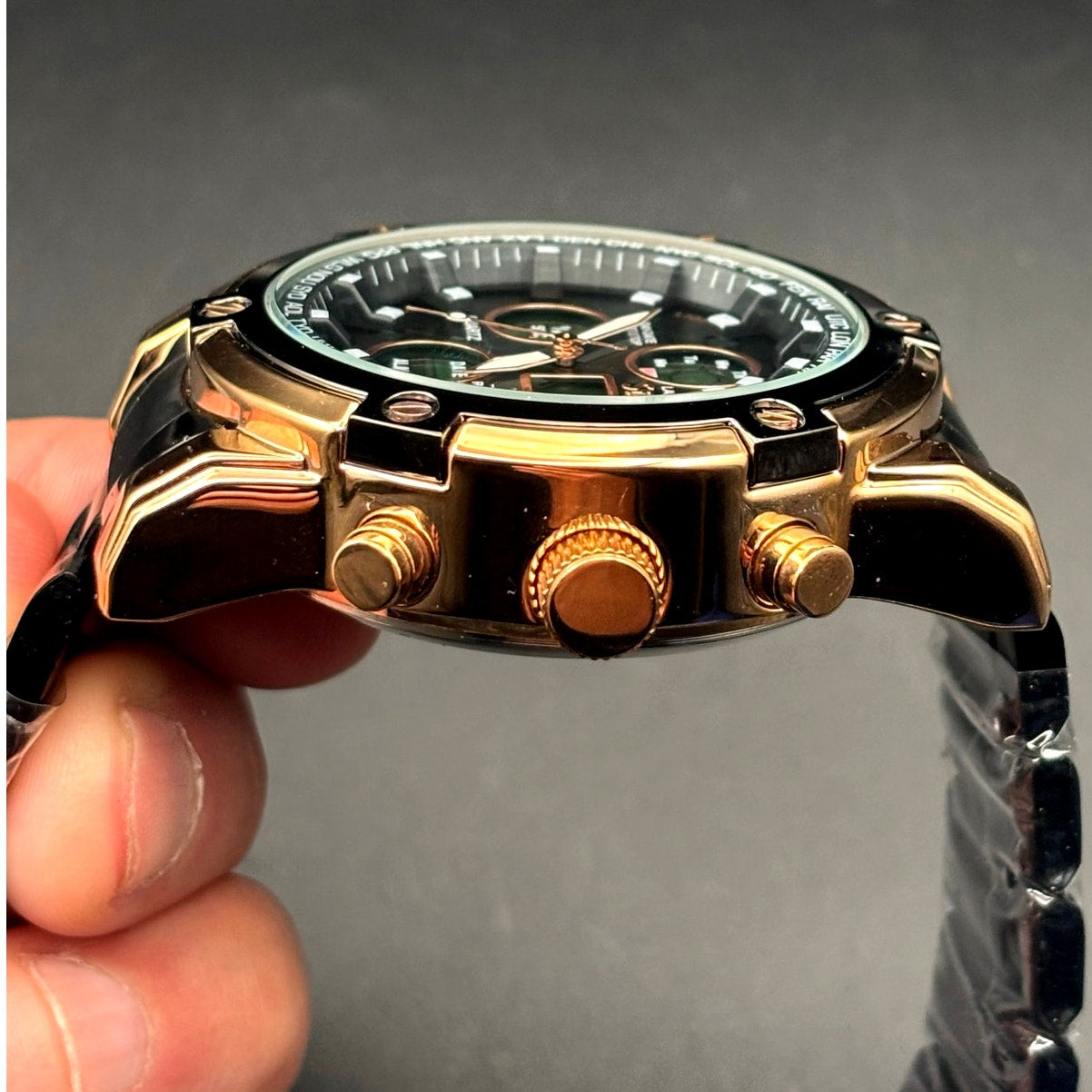 Stauer 52318 Due Volta Chronograph Men's Watch 48mm Rose Gold Black Steel NIB