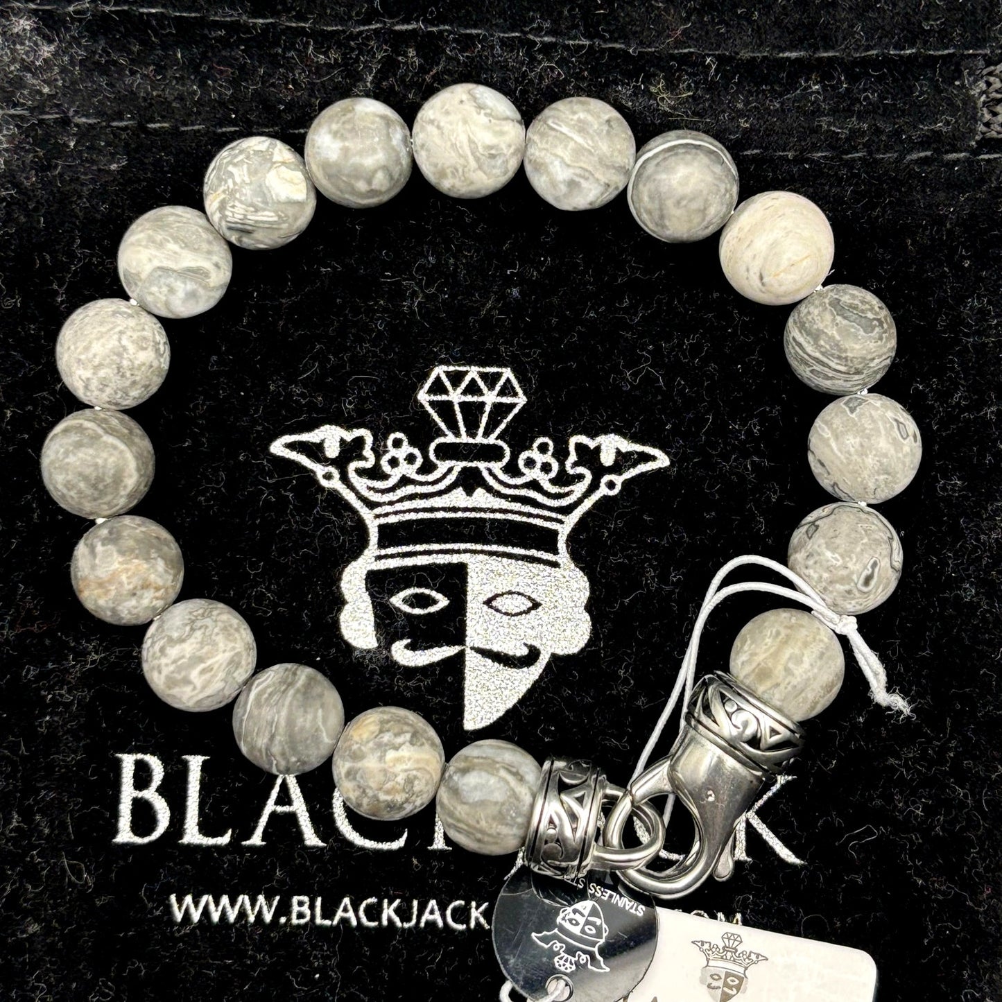 Blackjack BJB244BJ Men’s 10mm Gray Jasper Stainless Steel Beaded Bracelet NWT